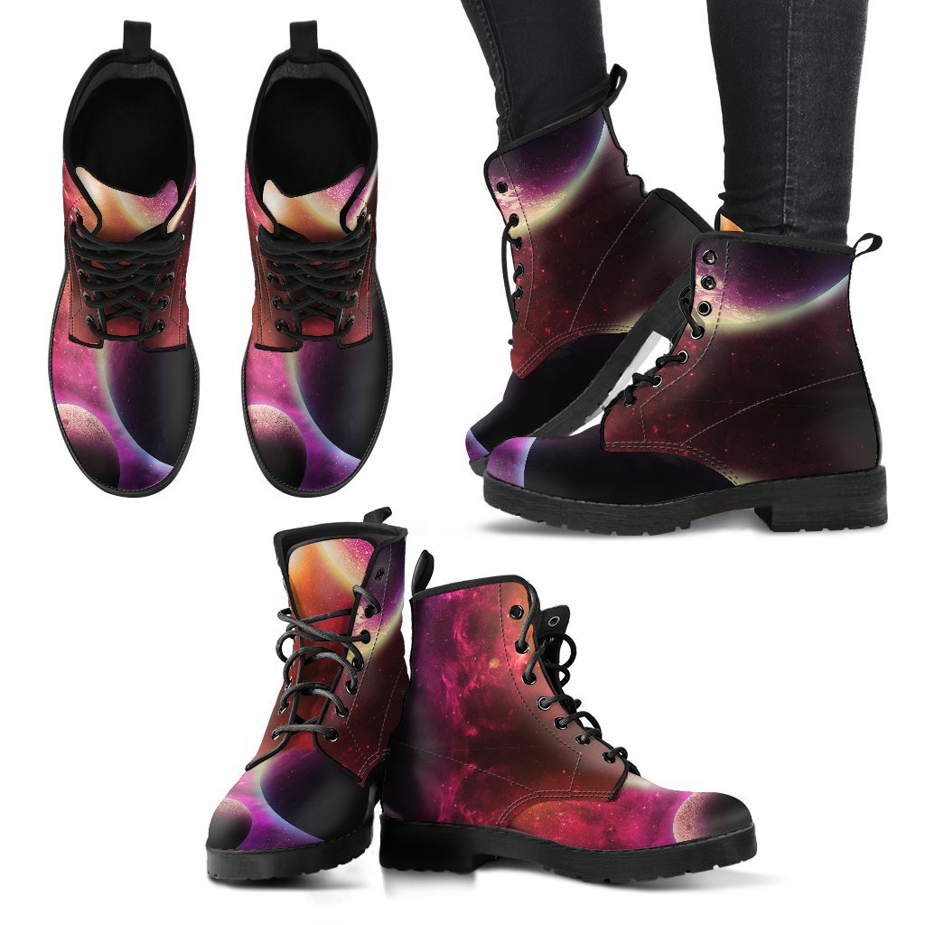 Red Galaxy Space Moon Earth Print Men Women Leather Boots-grizzshop