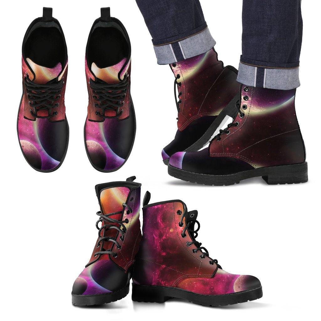 Red Galaxy Space Moon Earth Print Men Women Leather Boots-grizzshop