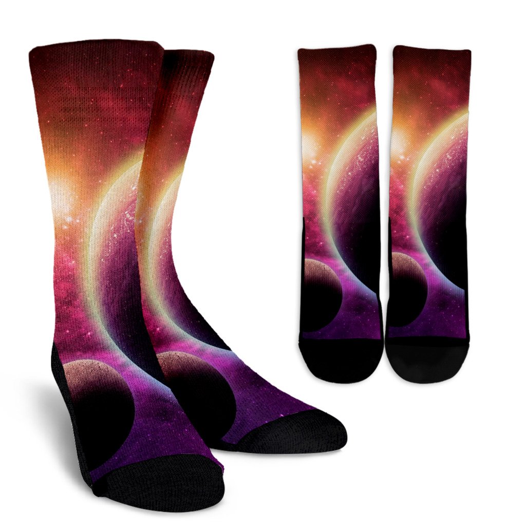 Red Galaxy Space Moon Earth Print Unisex Crew Socks-grizzshop