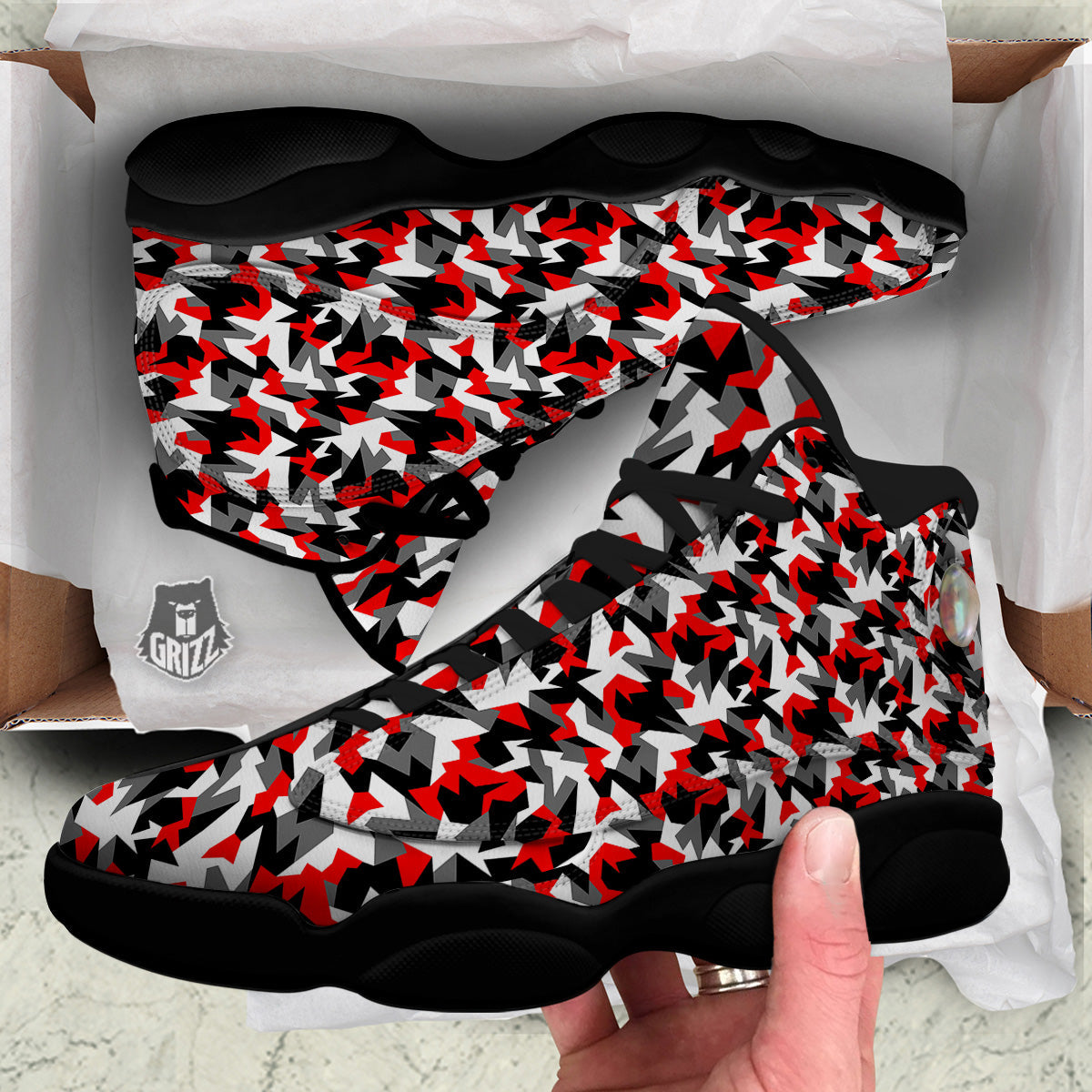 Red Geometric Camouflage Print Pattern Black Basketball Shoes-grizzshop