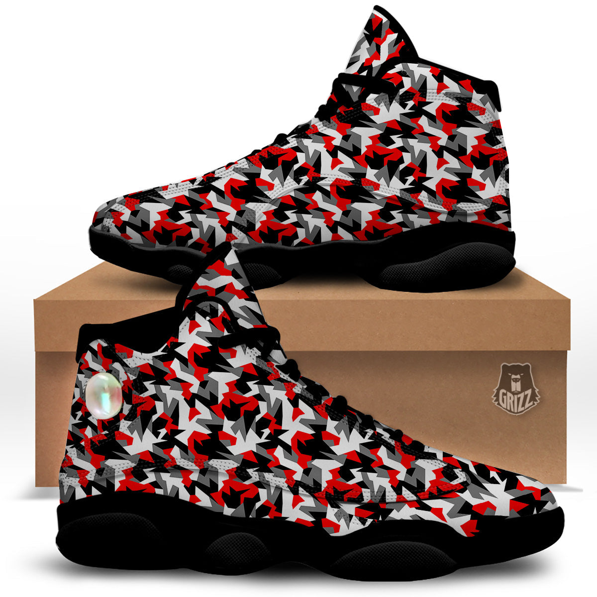 Red Geometric Camouflage Print Pattern Black Basketball Shoes-grizzshop