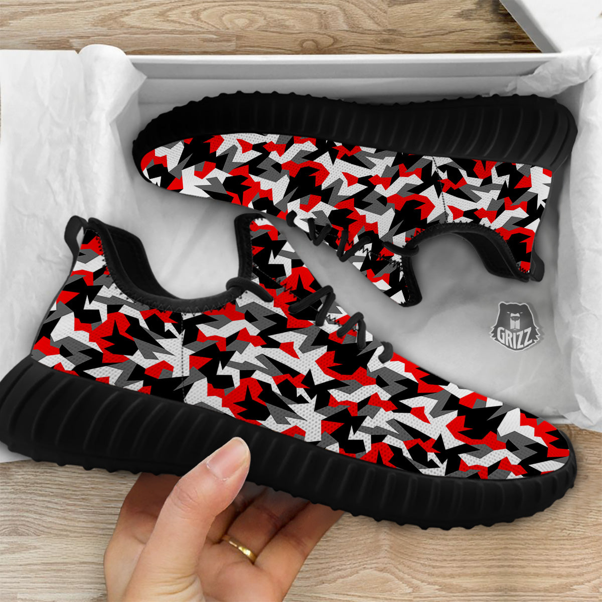 Red Geometric Camouflage Print Pattern Black Walking Shoes-grizzshop