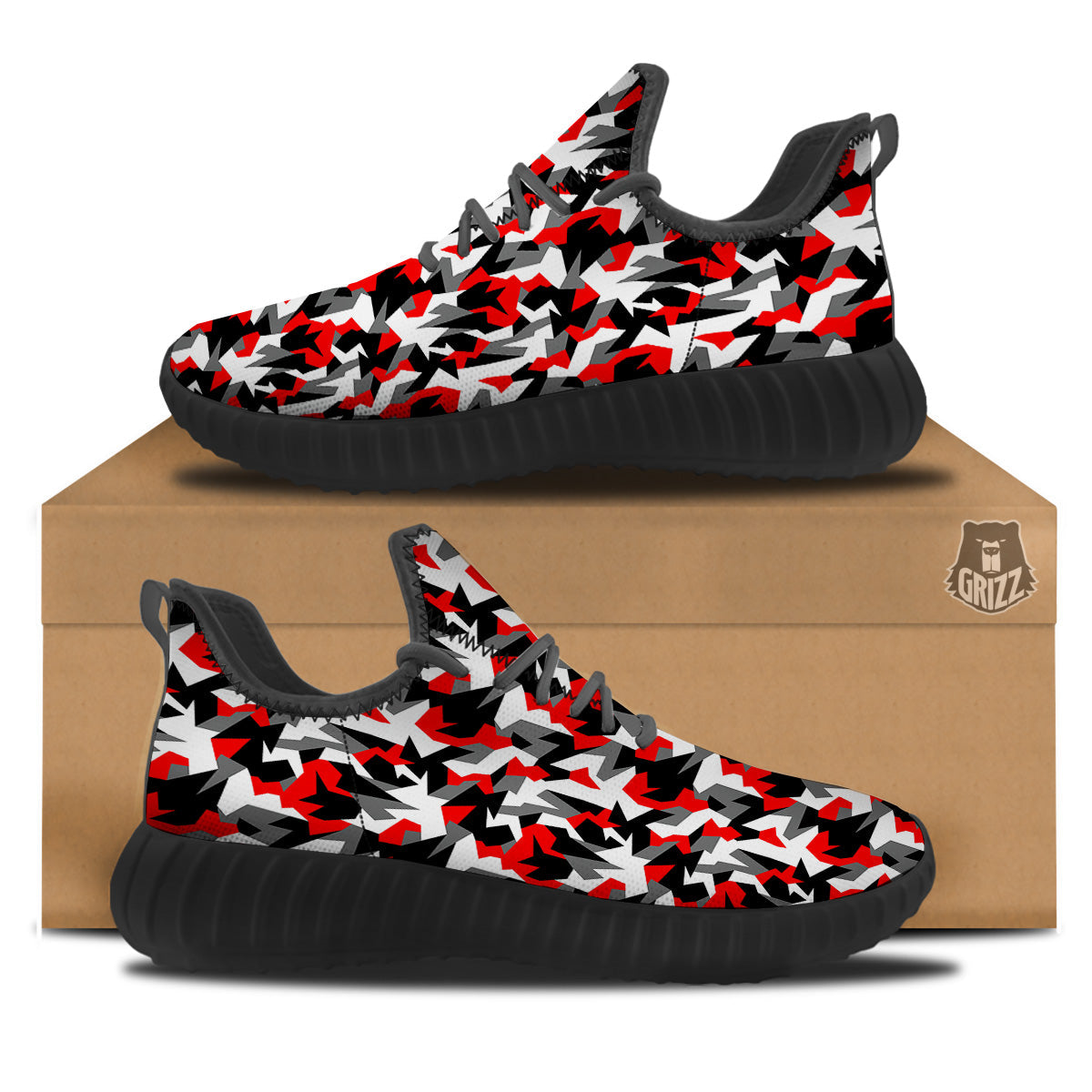 Red Geometric Camouflage Print Pattern Black Walking Shoes-grizzshop