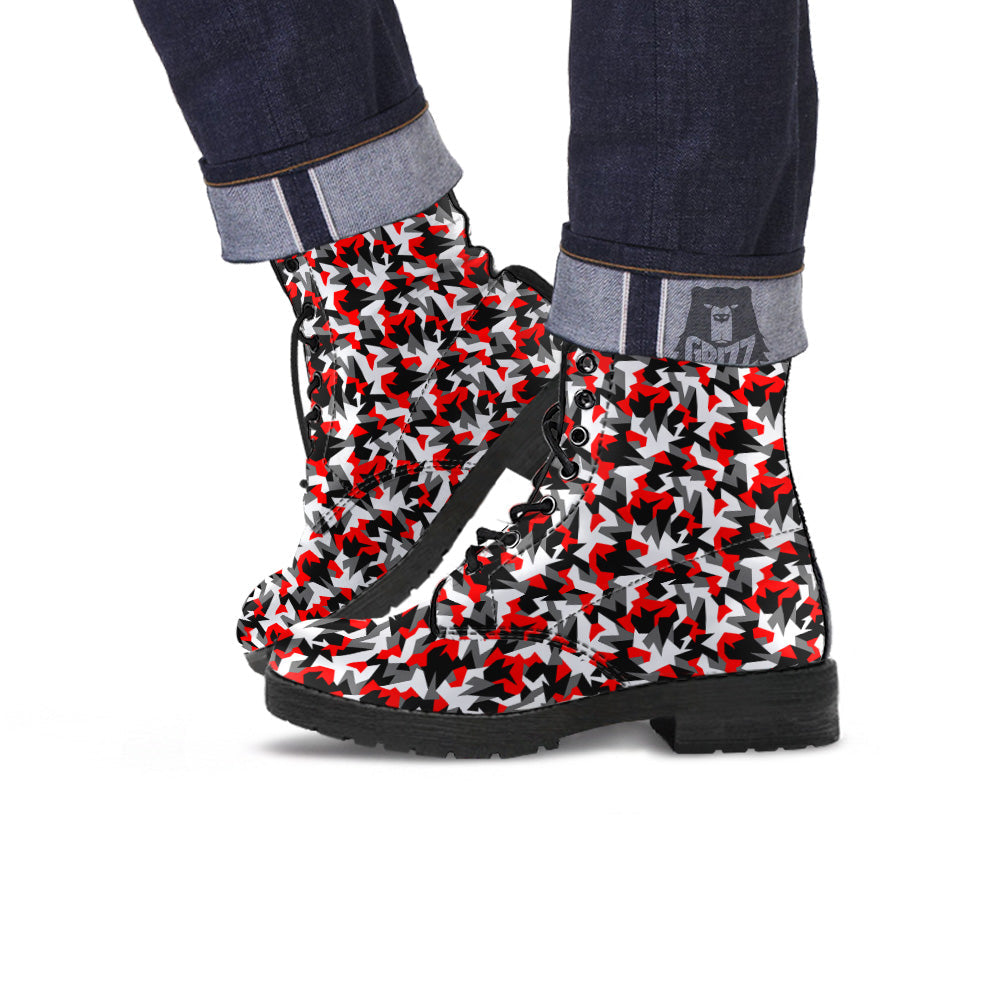 Red Geometric Camouflage Print Pattern Leather Boots-grizzshop