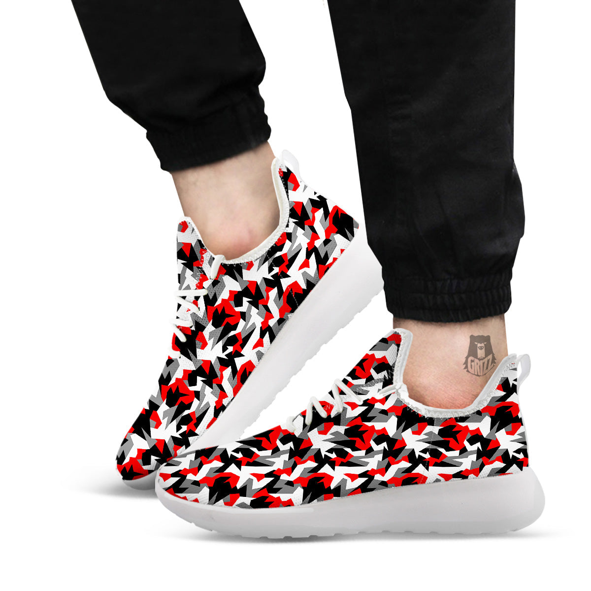 Red Geometric Camouflage Print Pattern White Athletic Shoes-grizzshop