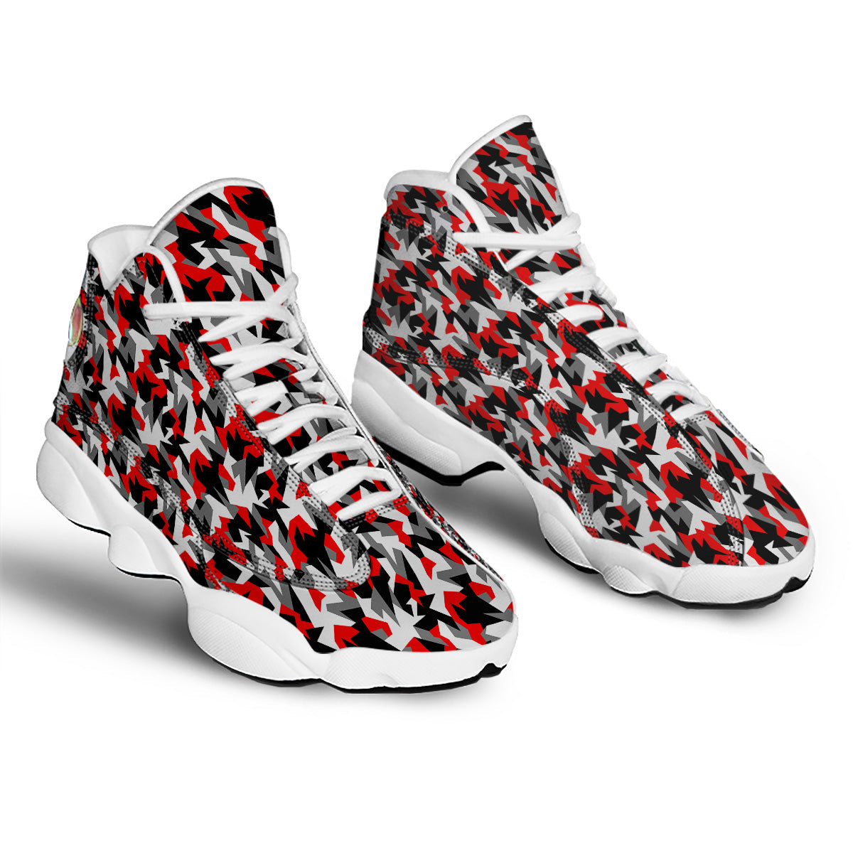 Red Geometric Camouflage Print Pattern White Basketball Shoes-grizzshop