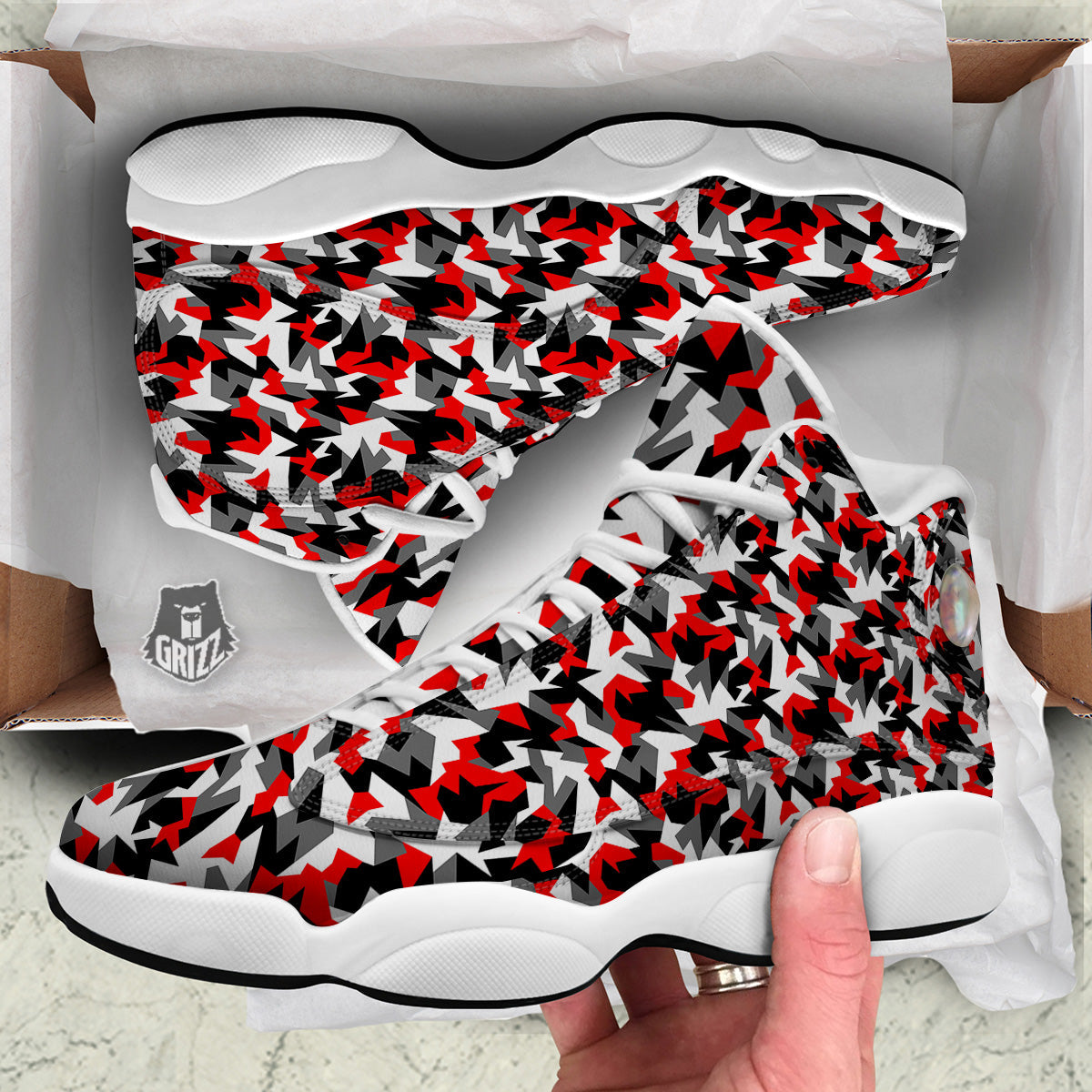 Red Geometric Camouflage Print Pattern White Basketball Shoes-grizzshop
