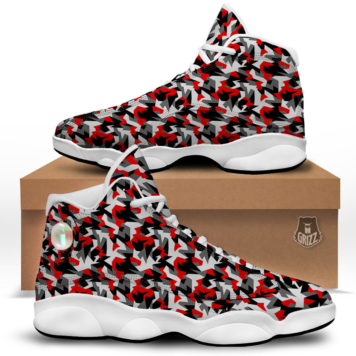 Red Geometric Camouflage Print Pattern White Basketball Shoes-grizzshop
