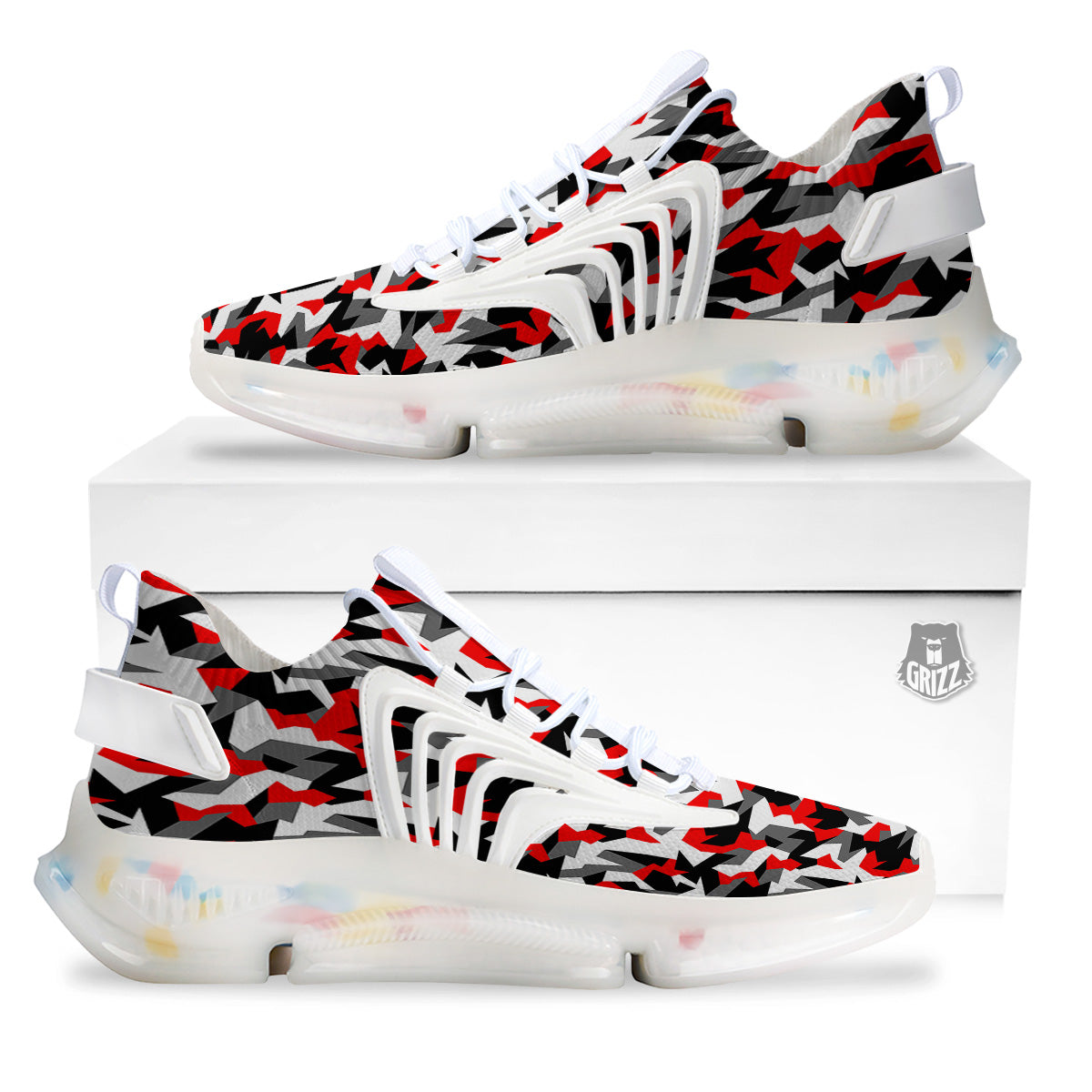 Red Geometric Camouflage Print Pattern White Gym Shoes-grizzshop