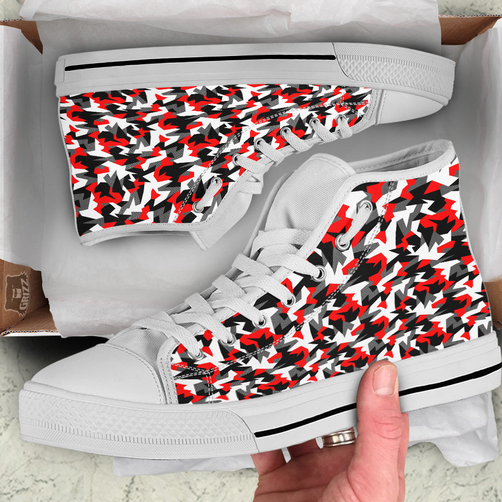 Red Geometric Camouflage Print Pattern White High Top Shoes-grizzshop