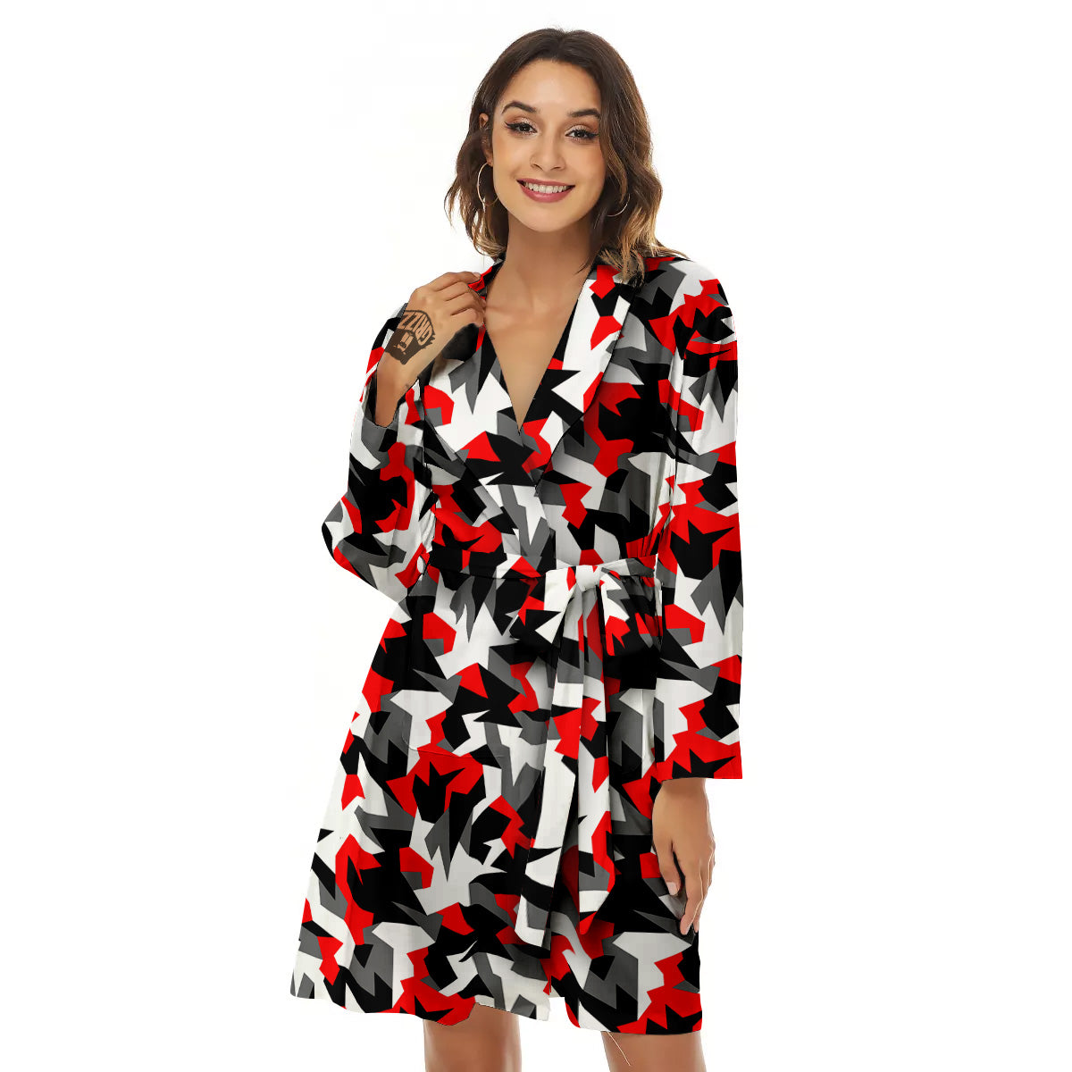 Red Geometric Camouflage Print Pattern Women's Robe-grizzshop