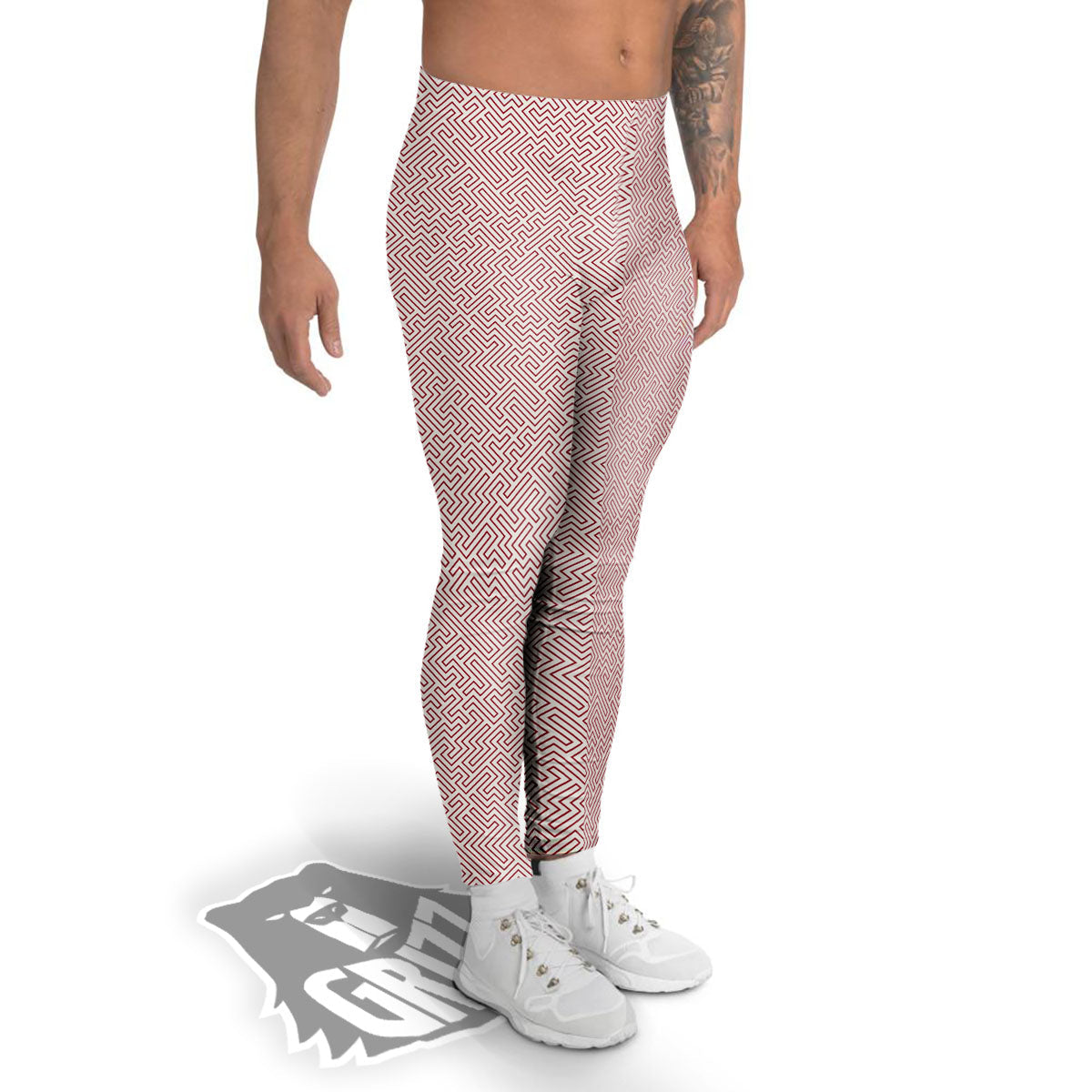 Red Geometric Maze Print Men's Leggings-grizzshop