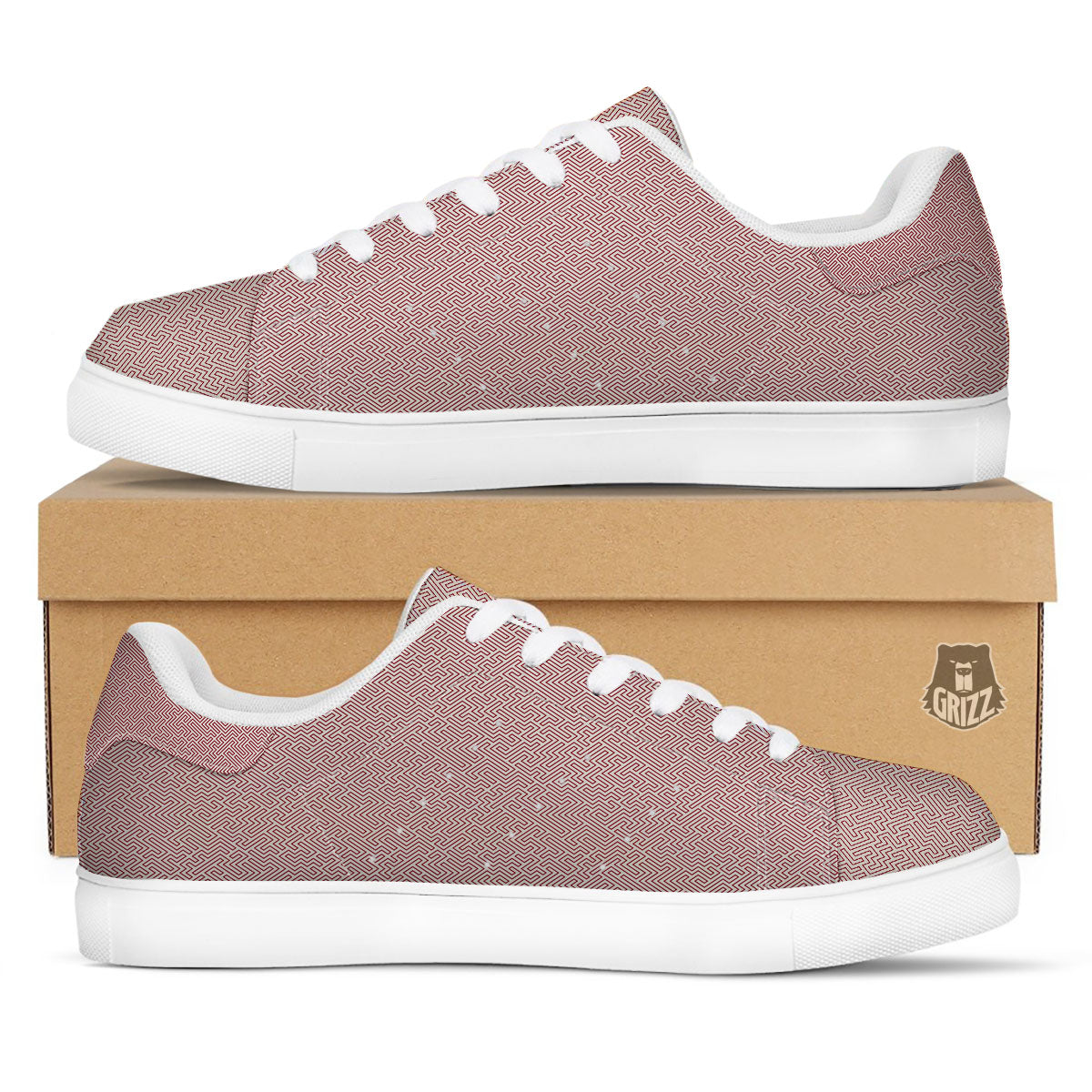 Red Geometric Maze Print White Low Top Sneakers-grizzshop