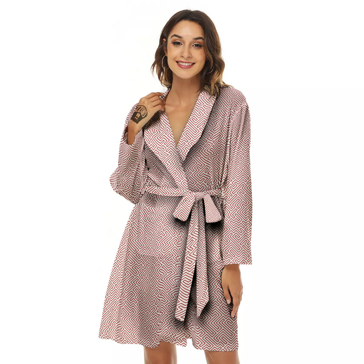 Red Geometric Maze Print Women's Robe-grizzshop