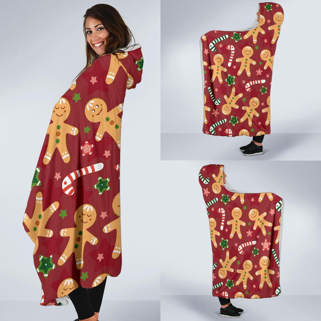 Red Gingerbread Man Chirstmas Pattern Print Hooded Blanket-grizzshop