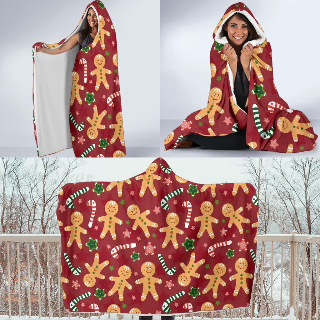 Red Gingerbread Man Chirstmas Pattern Print Hooded Blanket-grizzshop