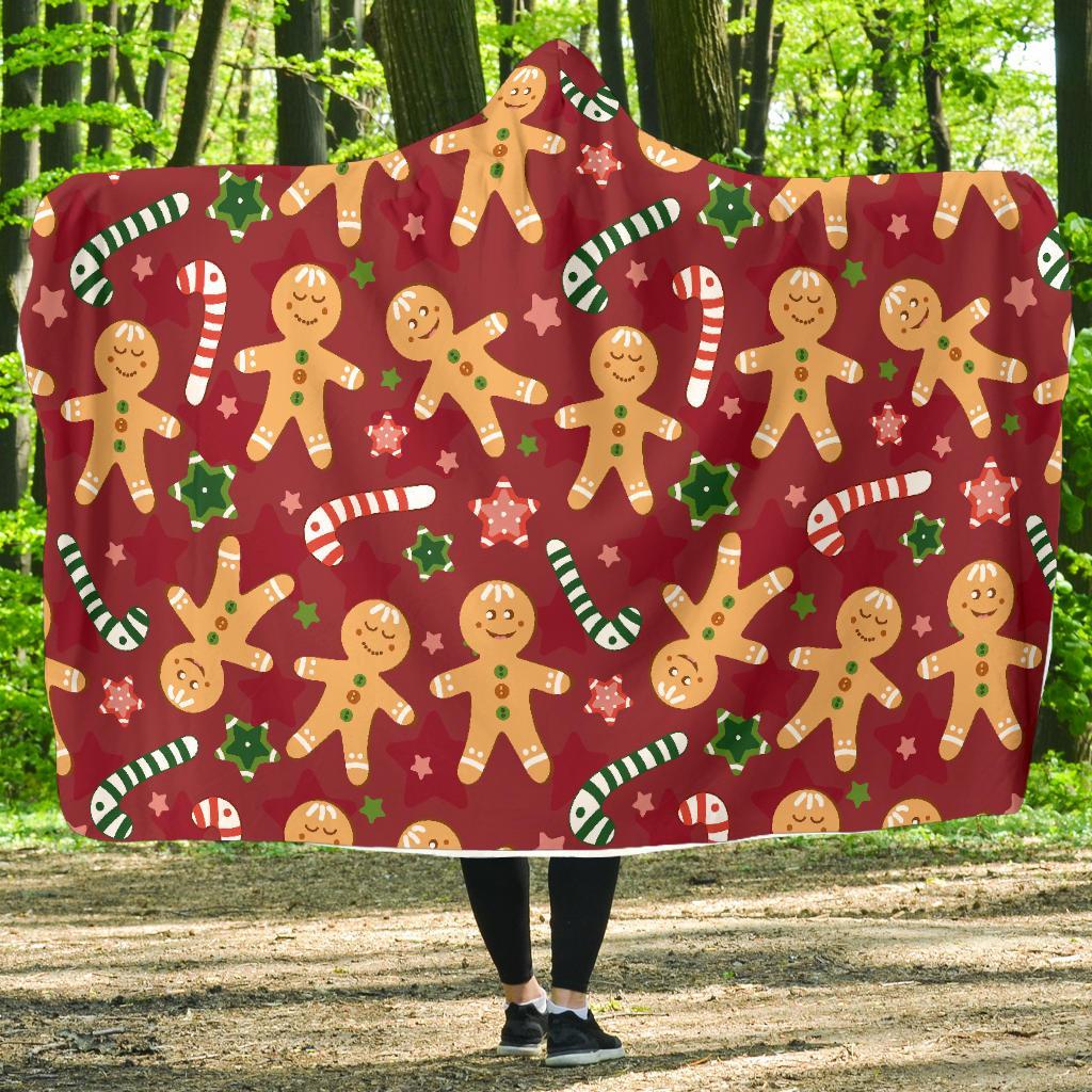 Red Gingerbread Man Chirstmas Pattern Print Hooded Blanket-grizzshop