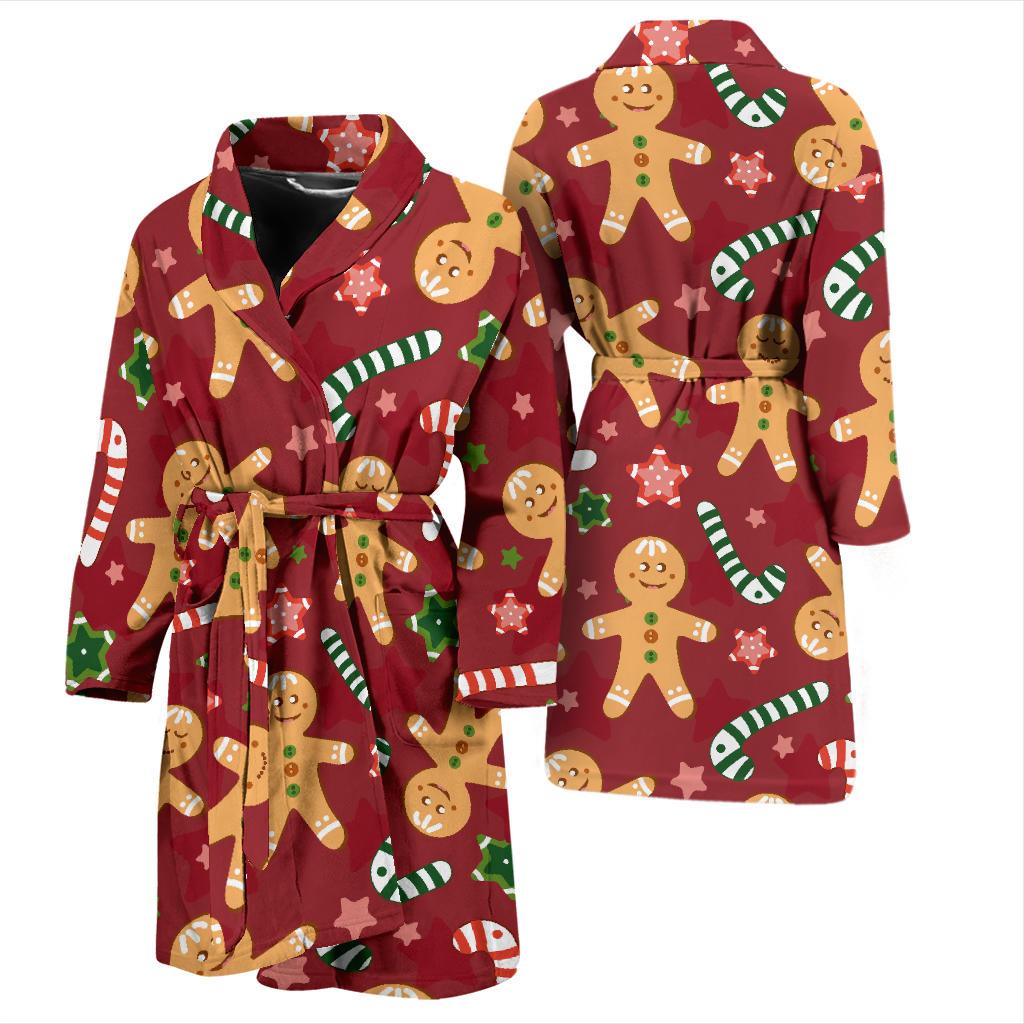 Red Gingerbread Man Chirstmas Pattern Print Men Long Robe-grizzshop