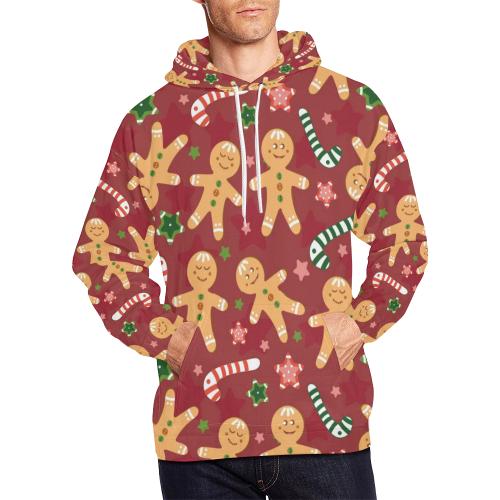 Red Gingerbread Man Chirstmas Pattern Print Men Pullover Hoodie-grizzshop