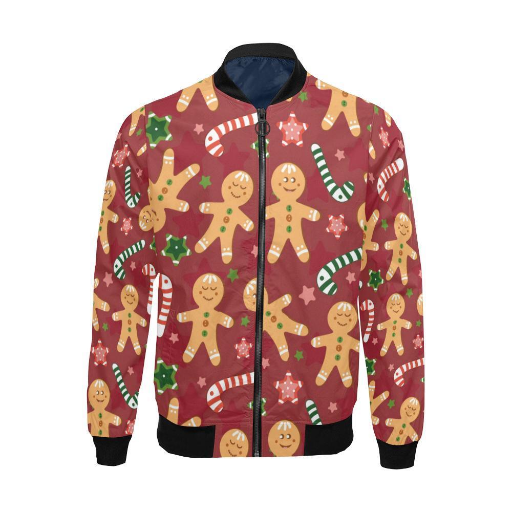 Red Gingerbread Man Chirstmas Pattern Print Men's Bomber Jacket-grizzshop