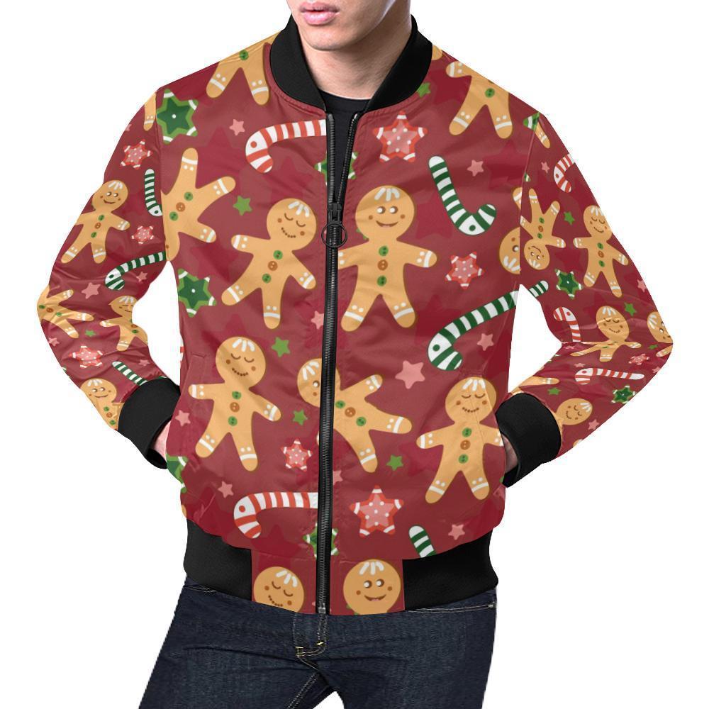 Red Gingerbread Man Chirstmas Pattern Print Men's Bomber Jacket-grizzshop