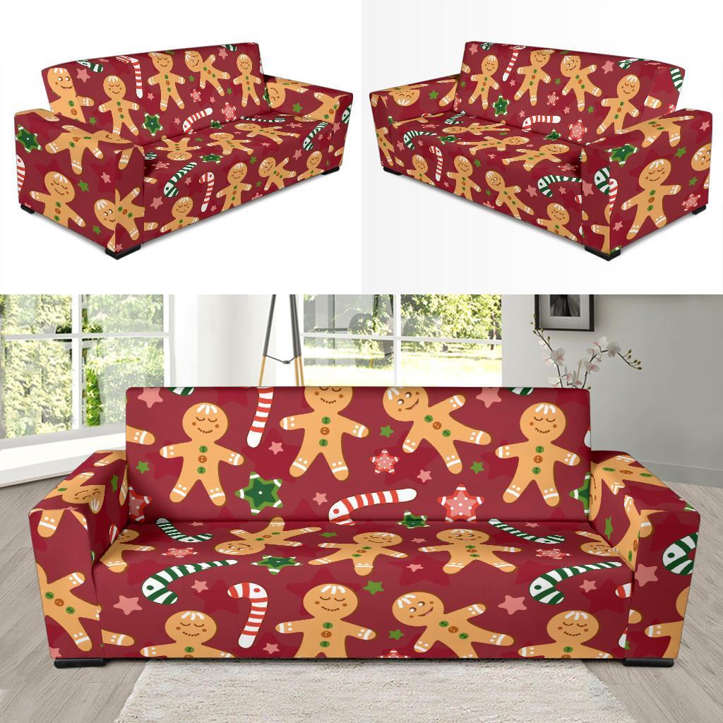 Red Gingerbread Man Chirstmas Pattern Print Sofa Covers-grizzshop