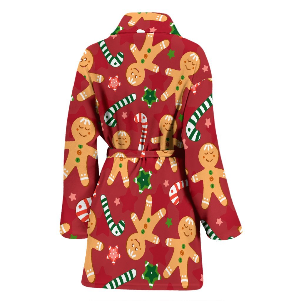 Red Gingerbread Man Chirstmas Pattern Print Women Long Robe-grizzshop