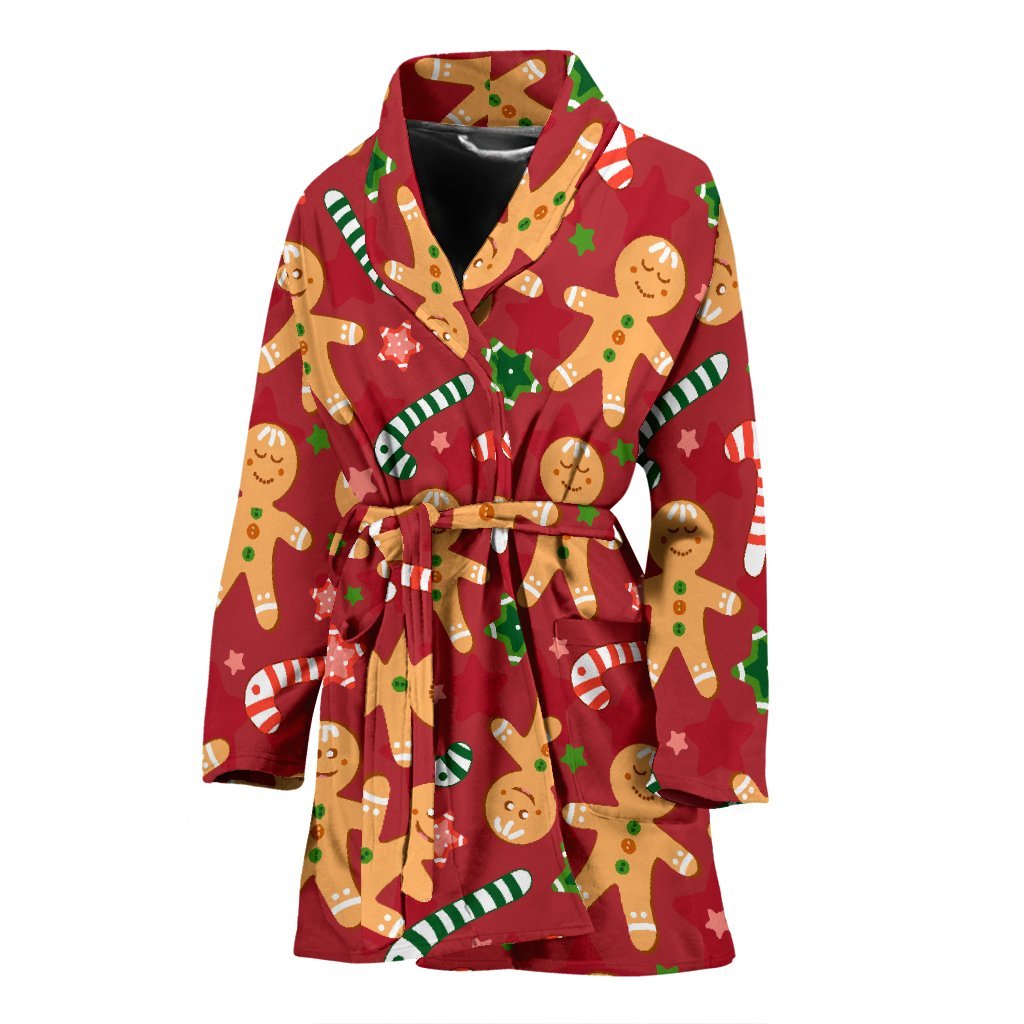 Red Gingerbread Man Chirstmas Pattern Print Women Long Robe-grizzshop