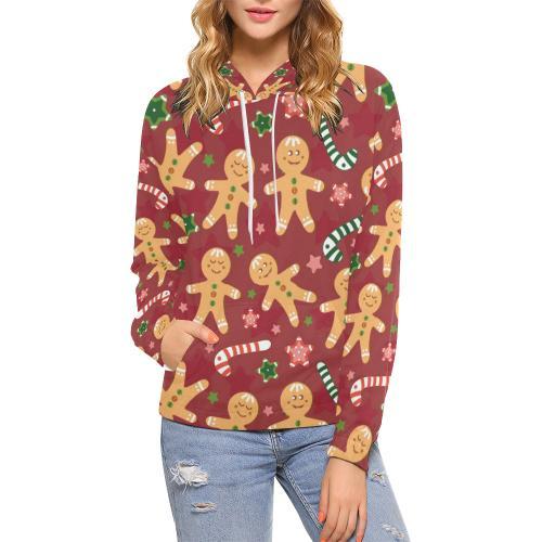 Red Gingerbread Man Chirstmas Pattern Print Women Pullover Hoodie-grizzshop