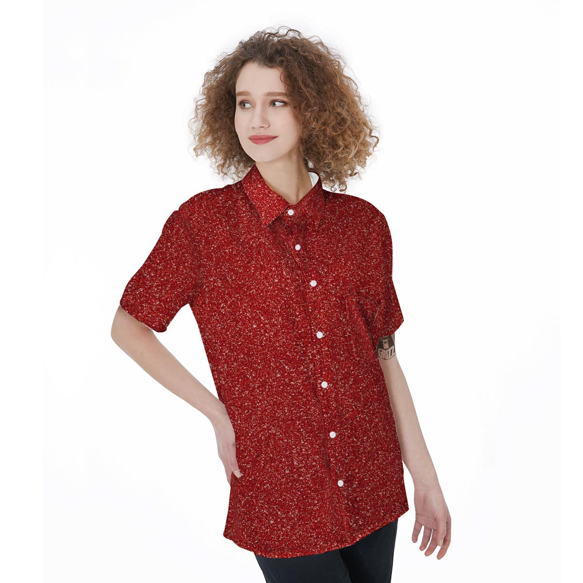 Red Glitter Texture Print Women's Short Sleeve Shirts-grizzshop