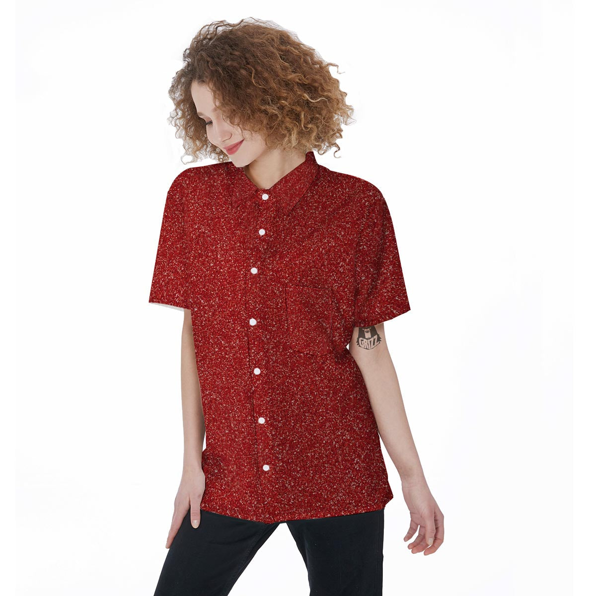Red Glitter Texture Print Women's Short Sleeve Shirts-grizzshop