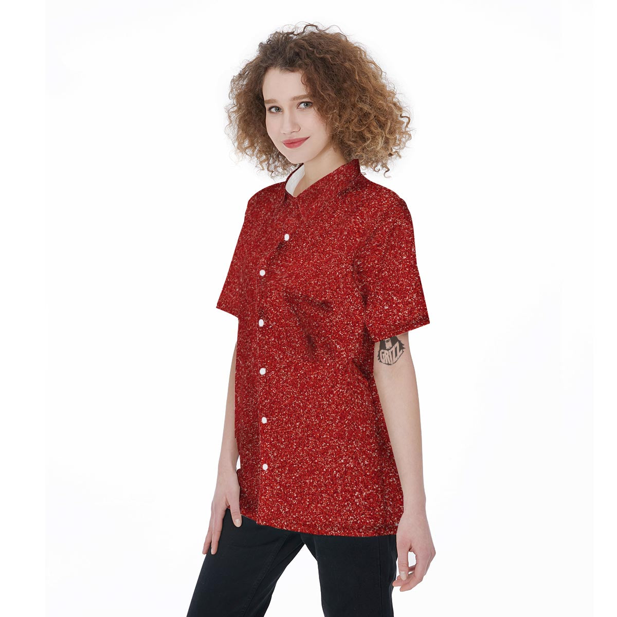 Red Glitter Texture Print Women's Short Sleeve Shirts-grizzshop
