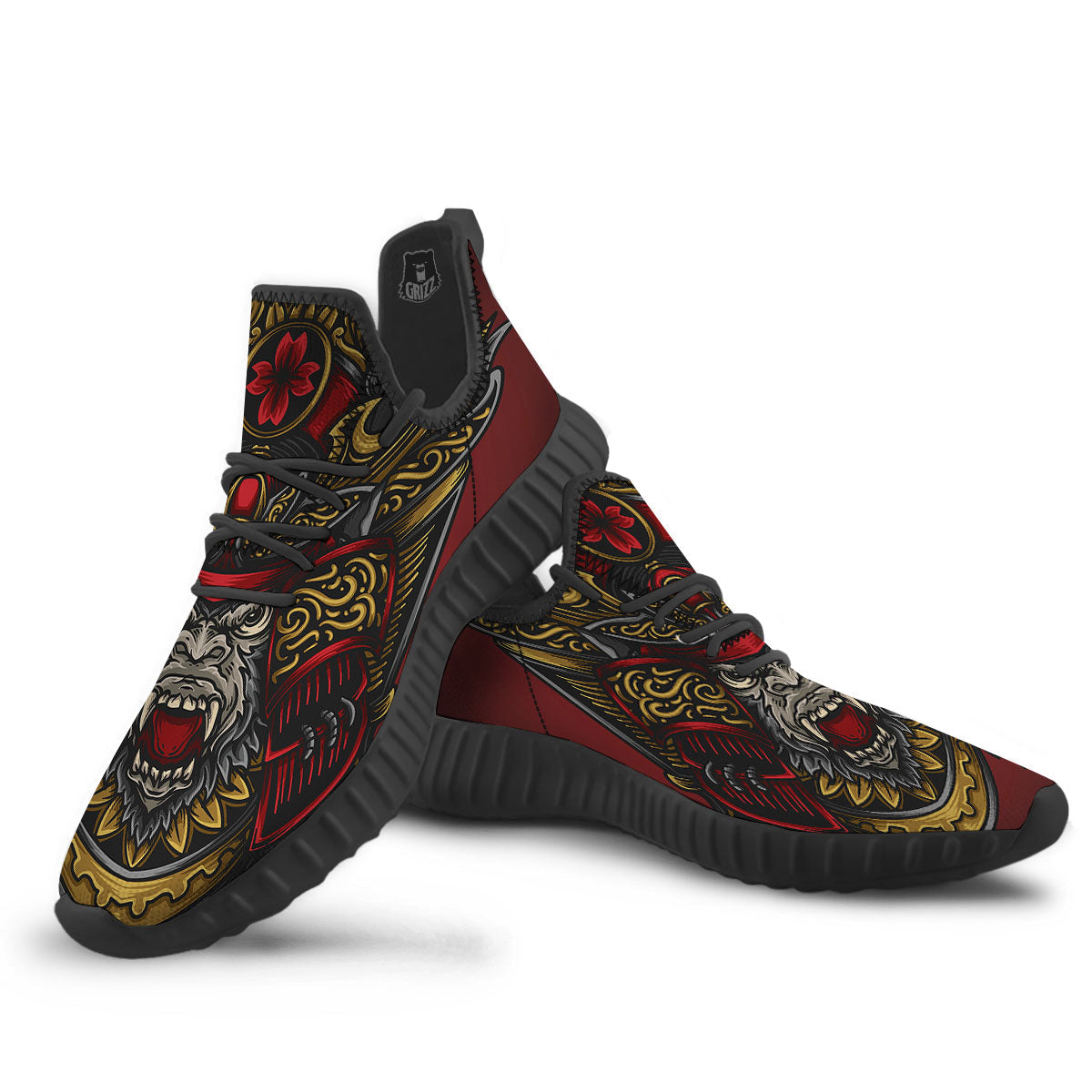 Red Gorilla Samurai Print Black Walking Shoes-grizzshop