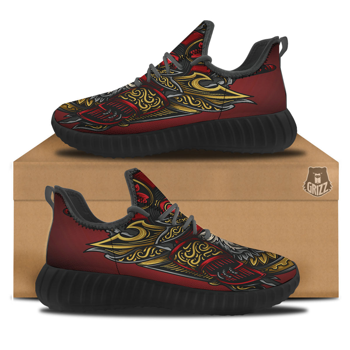 Red Gorilla Samurai Print Black Walking Shoes-grizzshop