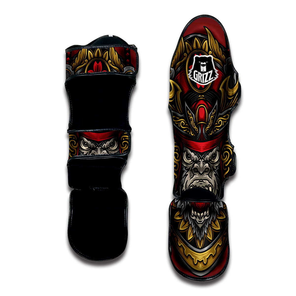 Red Gorilla Samurai Print Muay Thai Shin Guards-grizzshop