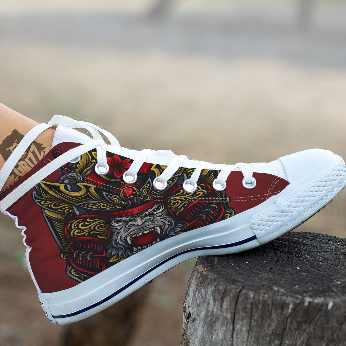 Red Gorilla Samurai Print White High Top Shoes-grizzshop
