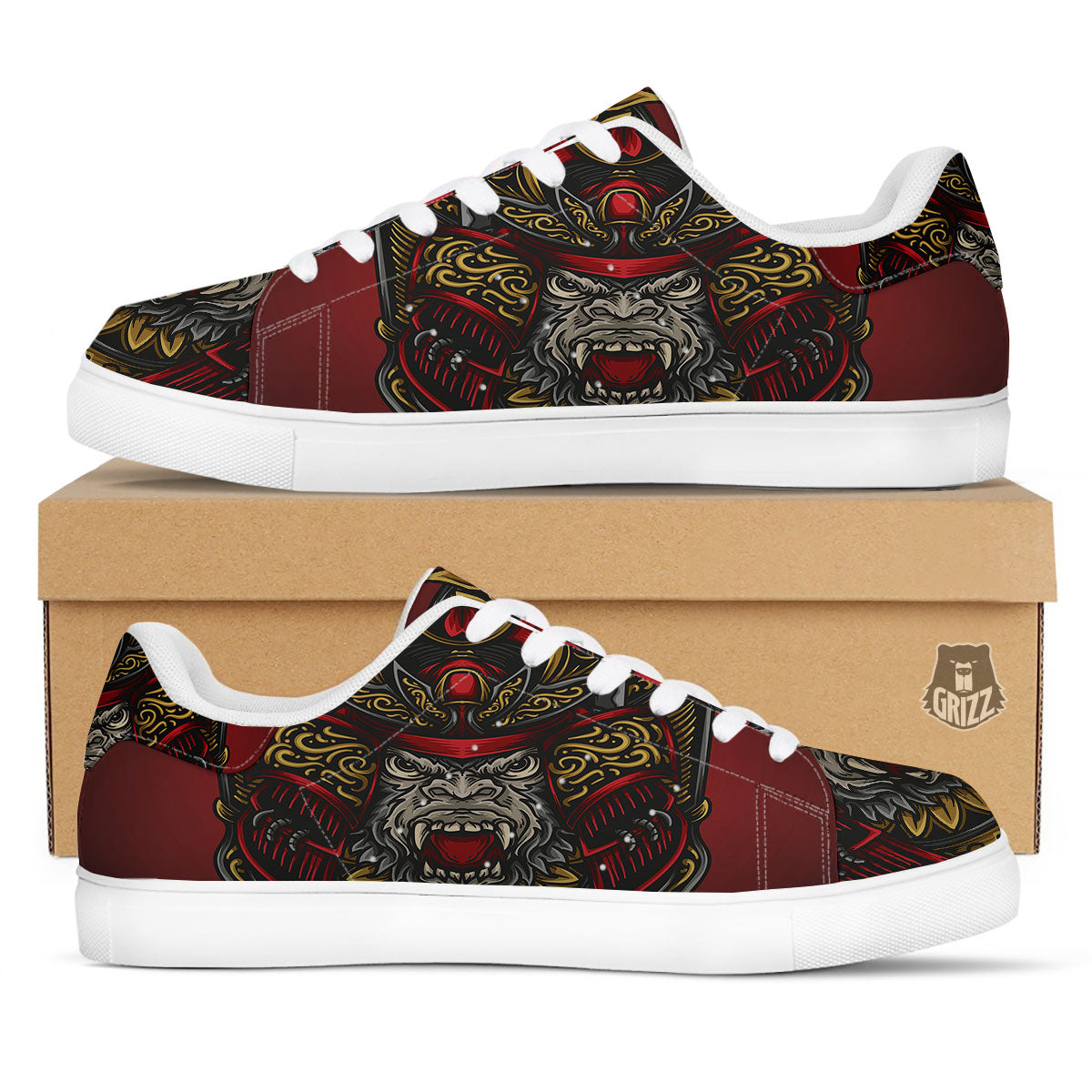 Red Gorilla Samurai Print White Low Top Sneakers-grizzshop