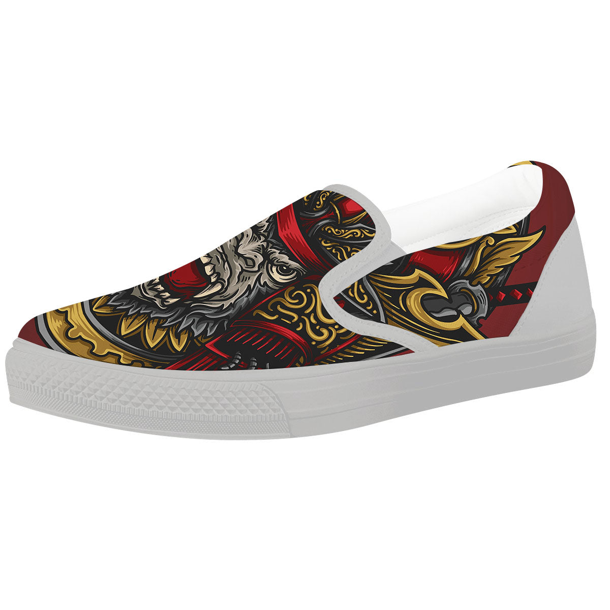Red Gorilla Samurai Print White Slip On Shoes-grizzshop