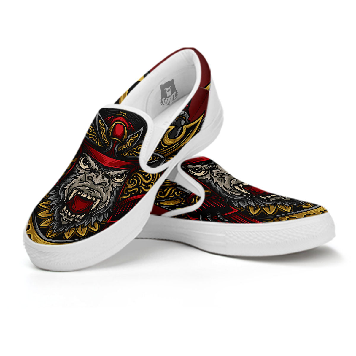 Red Gorilla Samurai Print White Slip On Shoes-grizzshop