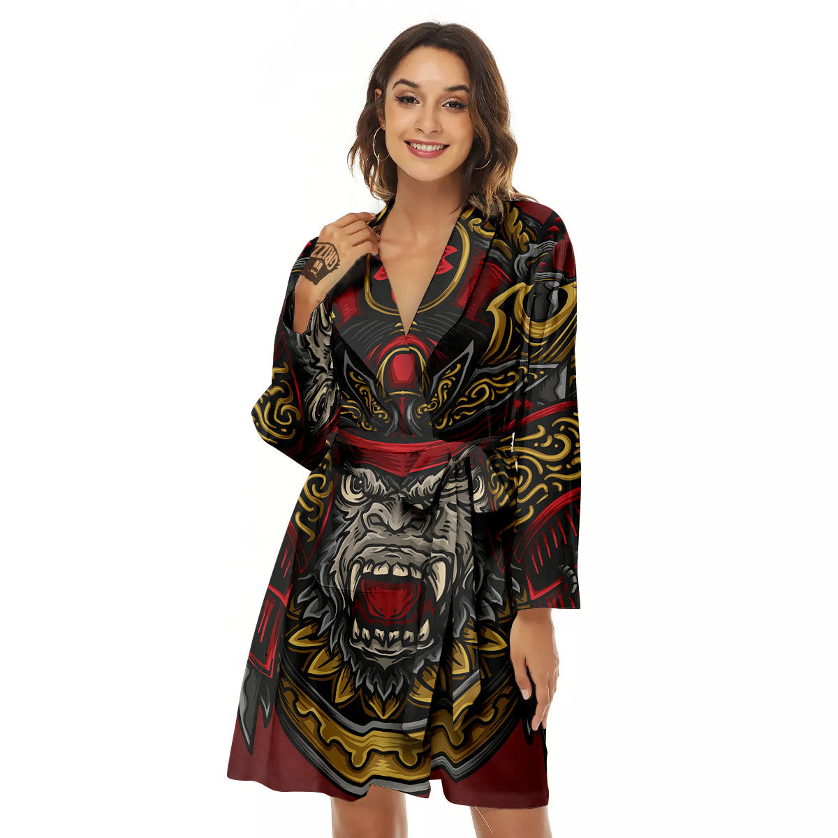 Red Gorilla Samurai Print Women's Robe-grizzshop