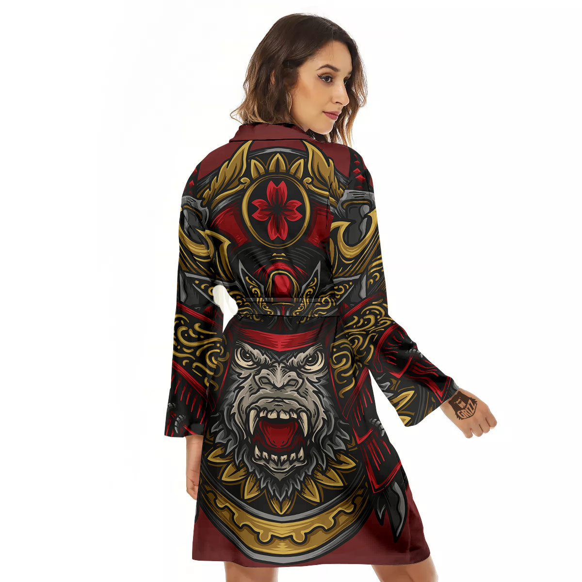 Red Gorilla Samurai Print Women's Robe-grizzshop