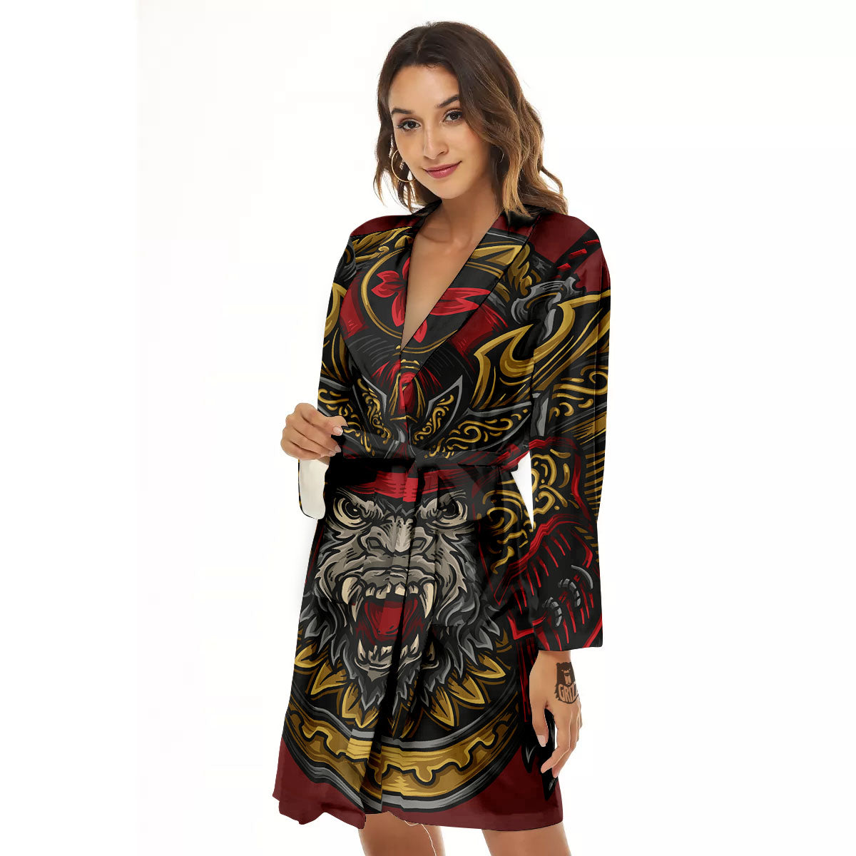 Red Gorilla Samurai Print Women's Robe-grizzshop