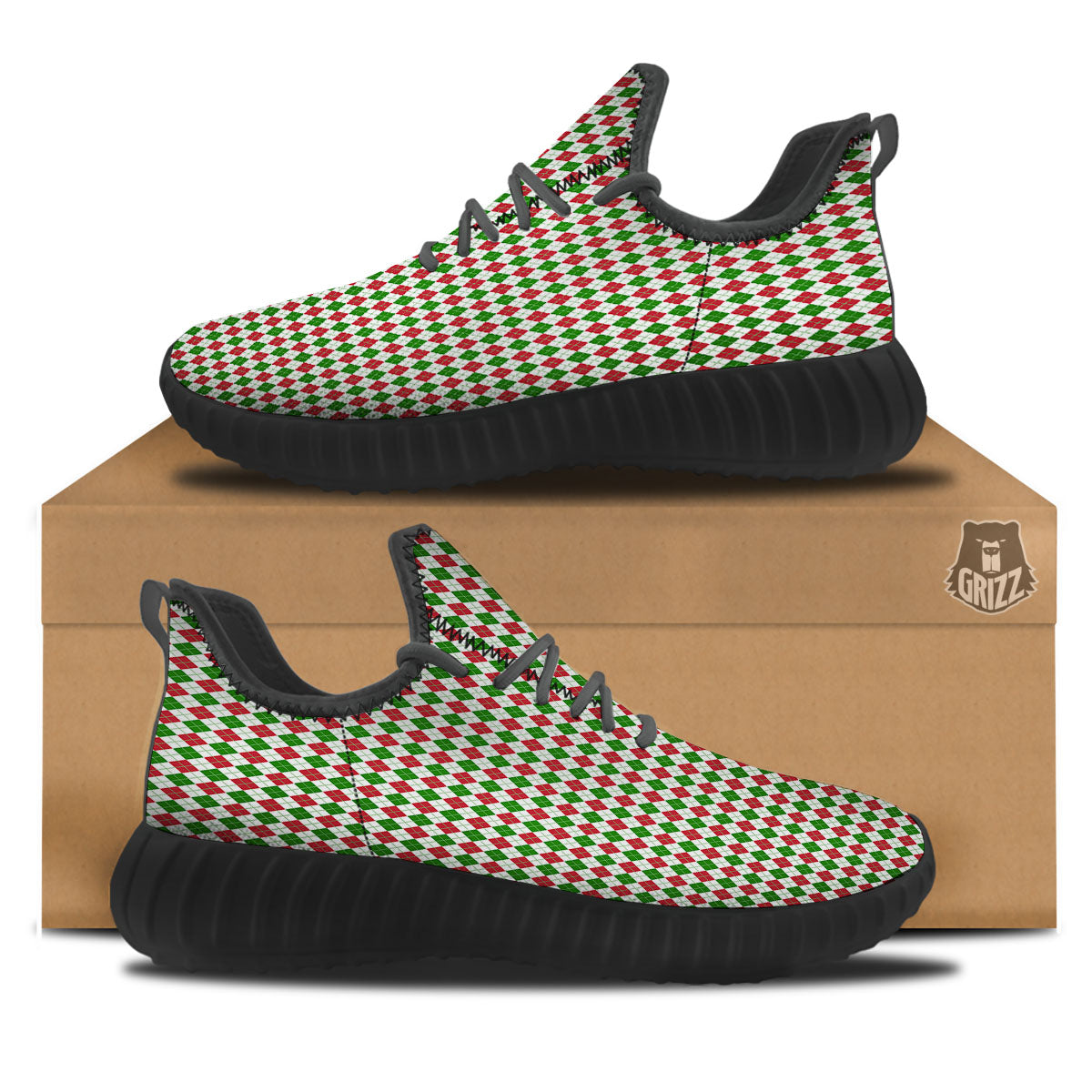 Red Green And White Argyle Print Pattern Black Walking Shoes-grizzshop