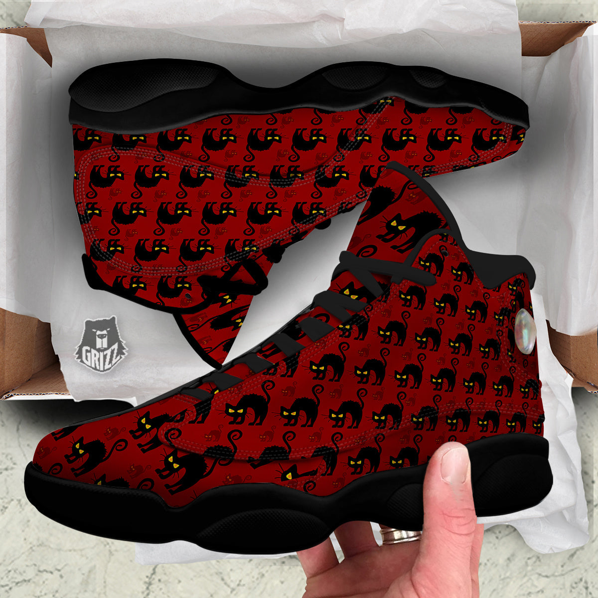 Red Halloween Cat Print Pattern Black Basketball Shoes-grizzshop