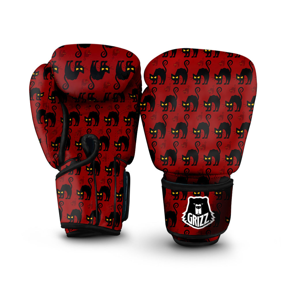 Red Halloween Cat Print Pattern Boxing Gloves-grizzshop