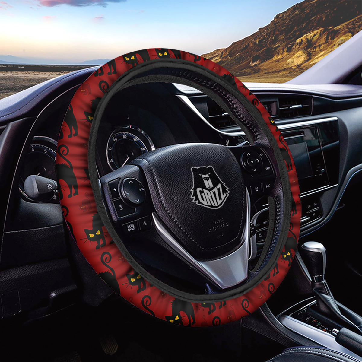 Red Halloween Cat Print Pattern Car Steering Wheel Cover-grizzshop