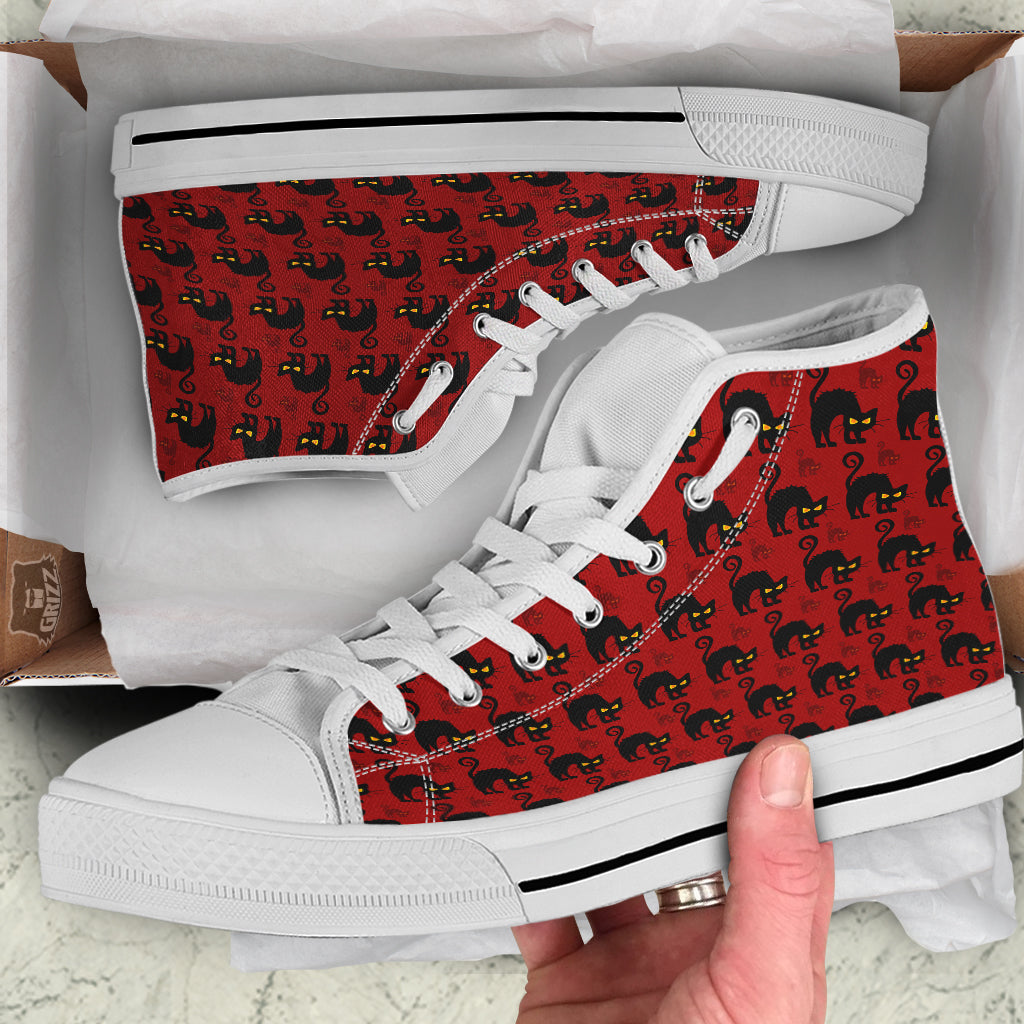 Red Halloween Cat Print Pattern White High Top Shoes-grizzshop