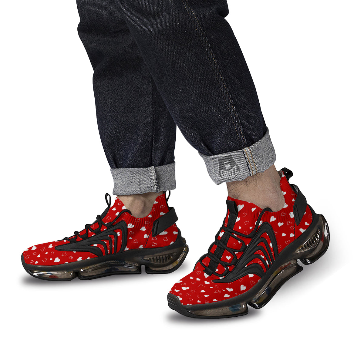 Red Heart And White Print Pattern Black Gym Shoes-grizzshop