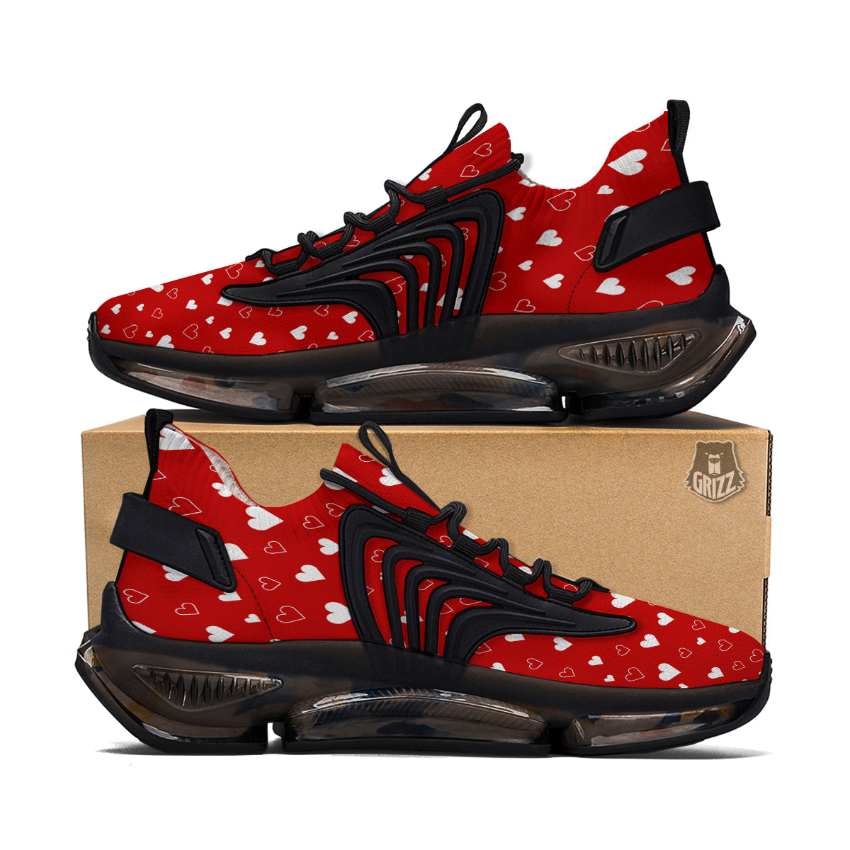 Red Heart And White Print Pattern Black Gym Shoes-grizzshop
