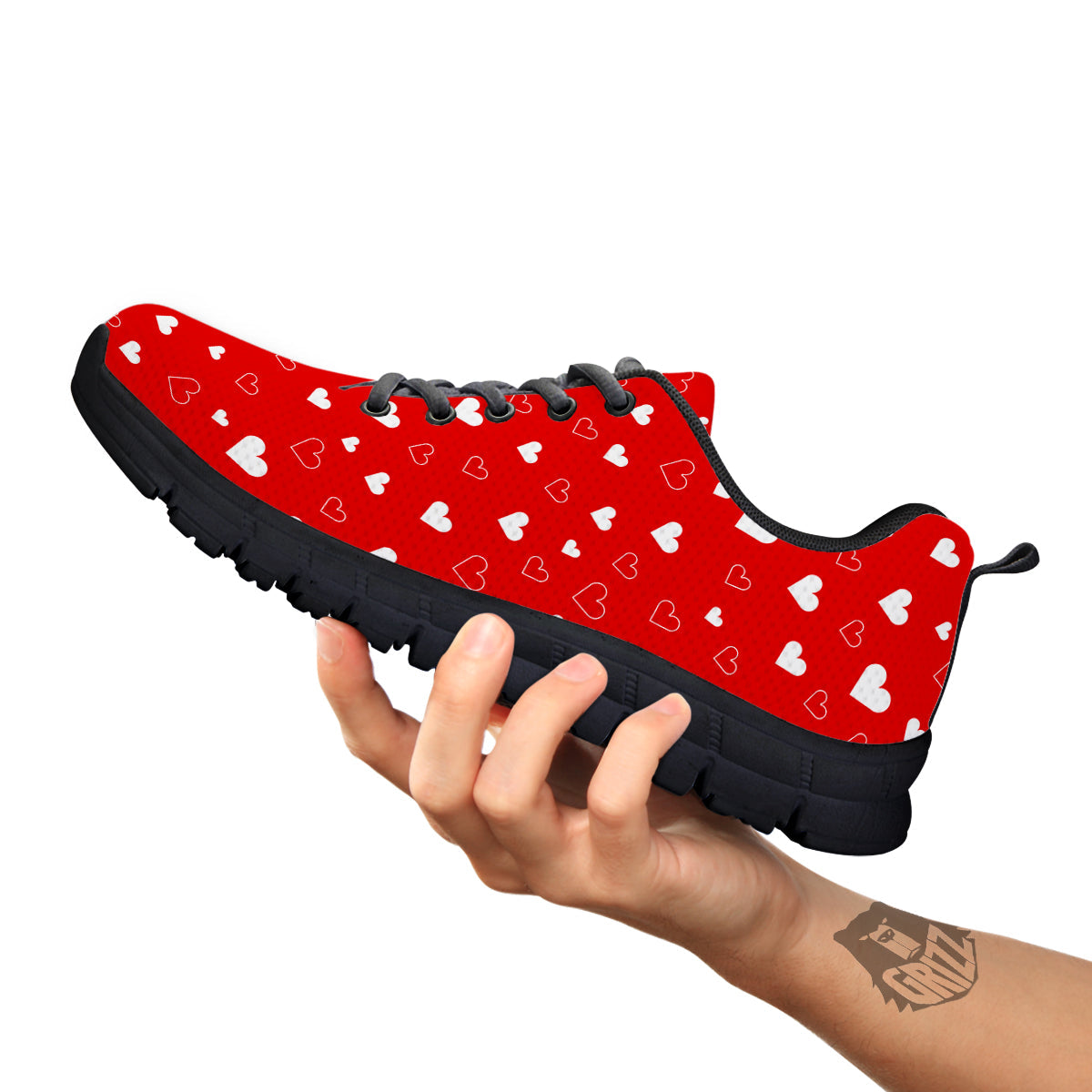 Red Heart And White Print Pattern Black Sneaker-grizzshop